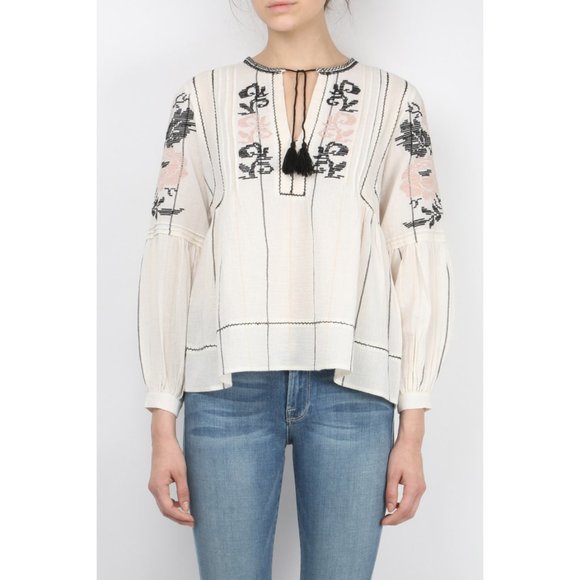 Ulla Johnson "Flora" Cream Embroidered Tie Neck Blouse - Picture 6 of 10